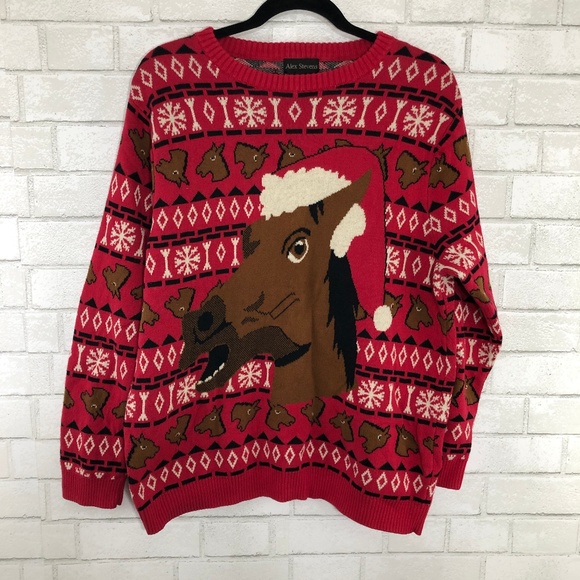 Ugly Christmas Sweater Sweaters - Ugly Christmas Sweater Horse in Santa Hat, Large